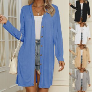 Women's Long Button Cardigan-Solid Color Casual Long Sleeve Knit Sweater for Autumn Winter