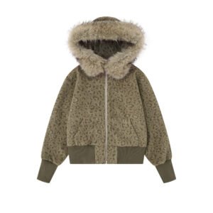 Maillard Brown Leopard-print Large Fur-hooded Coat